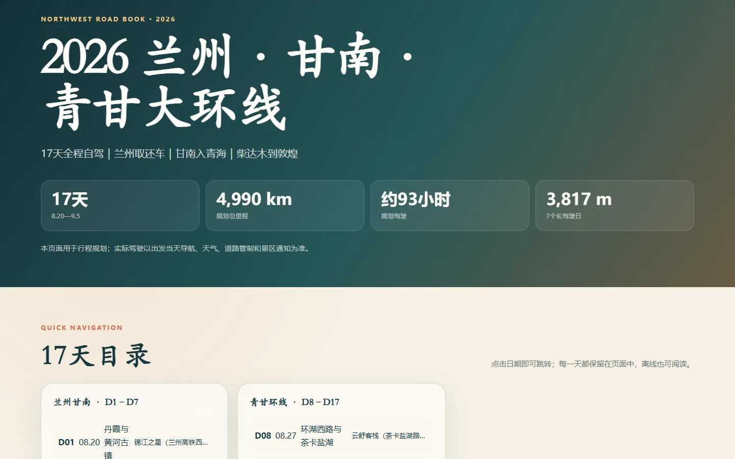 青甘大环线路书的真实桌面界面,展示 17 天离线路线信息